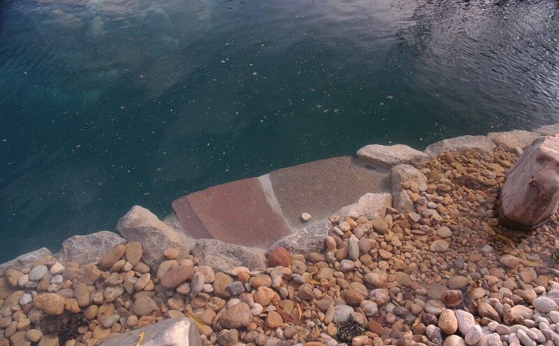 Steinstufen ins klare Teichwasser